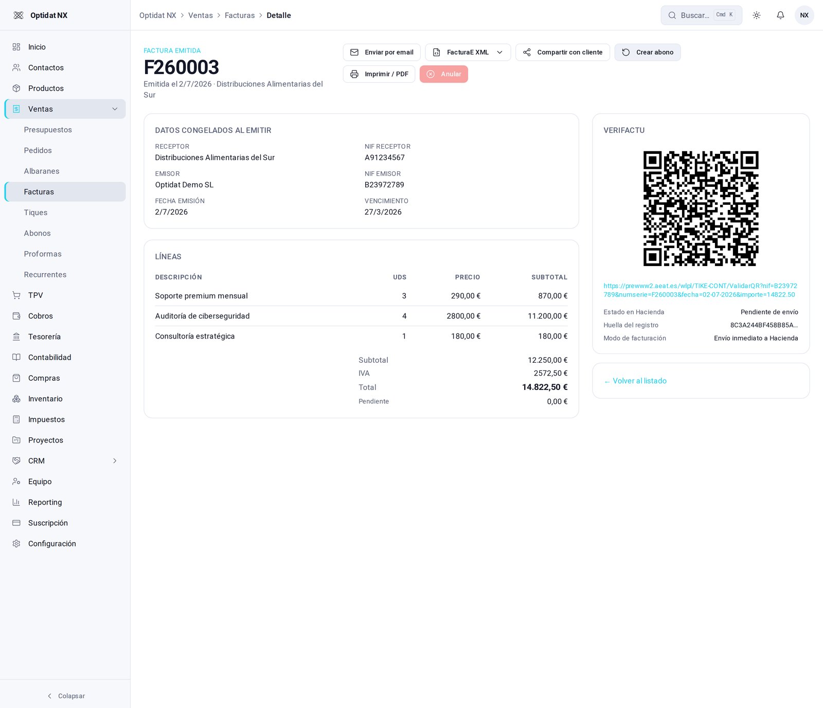 Factura con su código QR y su huella